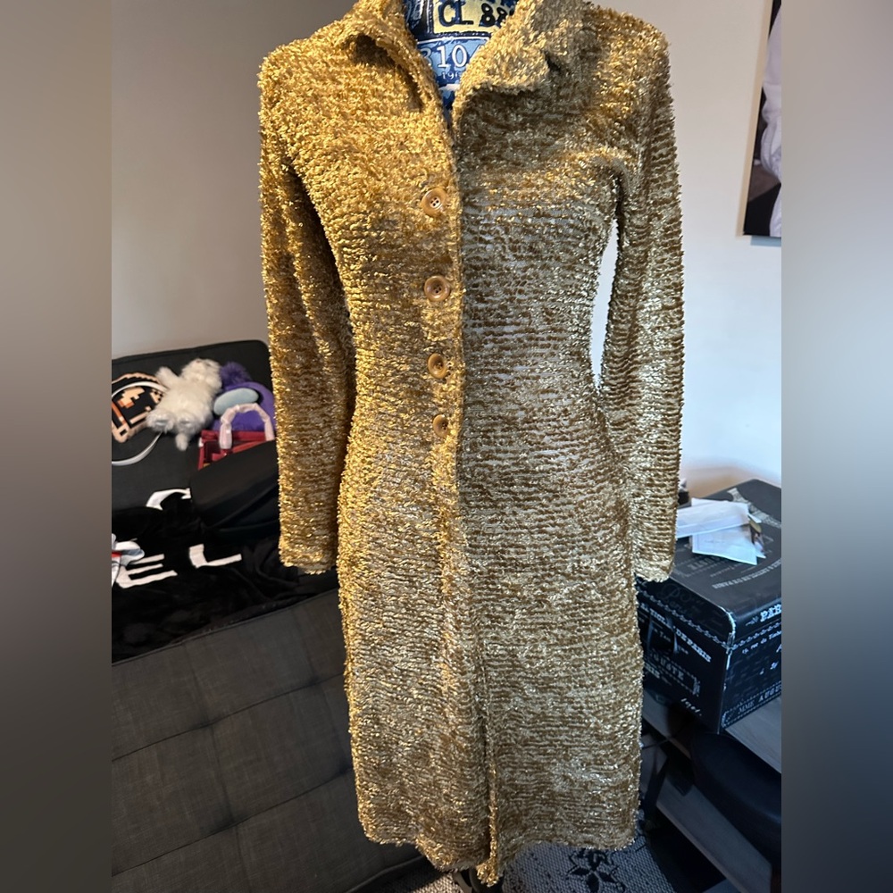 Vintage Luly K New York Caramel Brown Gold Button Cardigan Maxi Jacket Medium